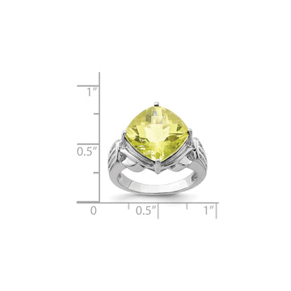 Sterling Silver Rhodium Checker-Cut Lemon Quartz Gemstone Birthstone Ring Fine Jewelry Gift for Her