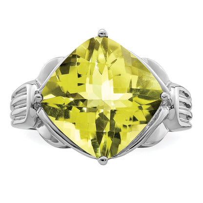 Sterling Silver Rhodium Checker-Cut Lemon Quartz Gemstone Birthstone Ring Fine Jewelry Gift for Her
