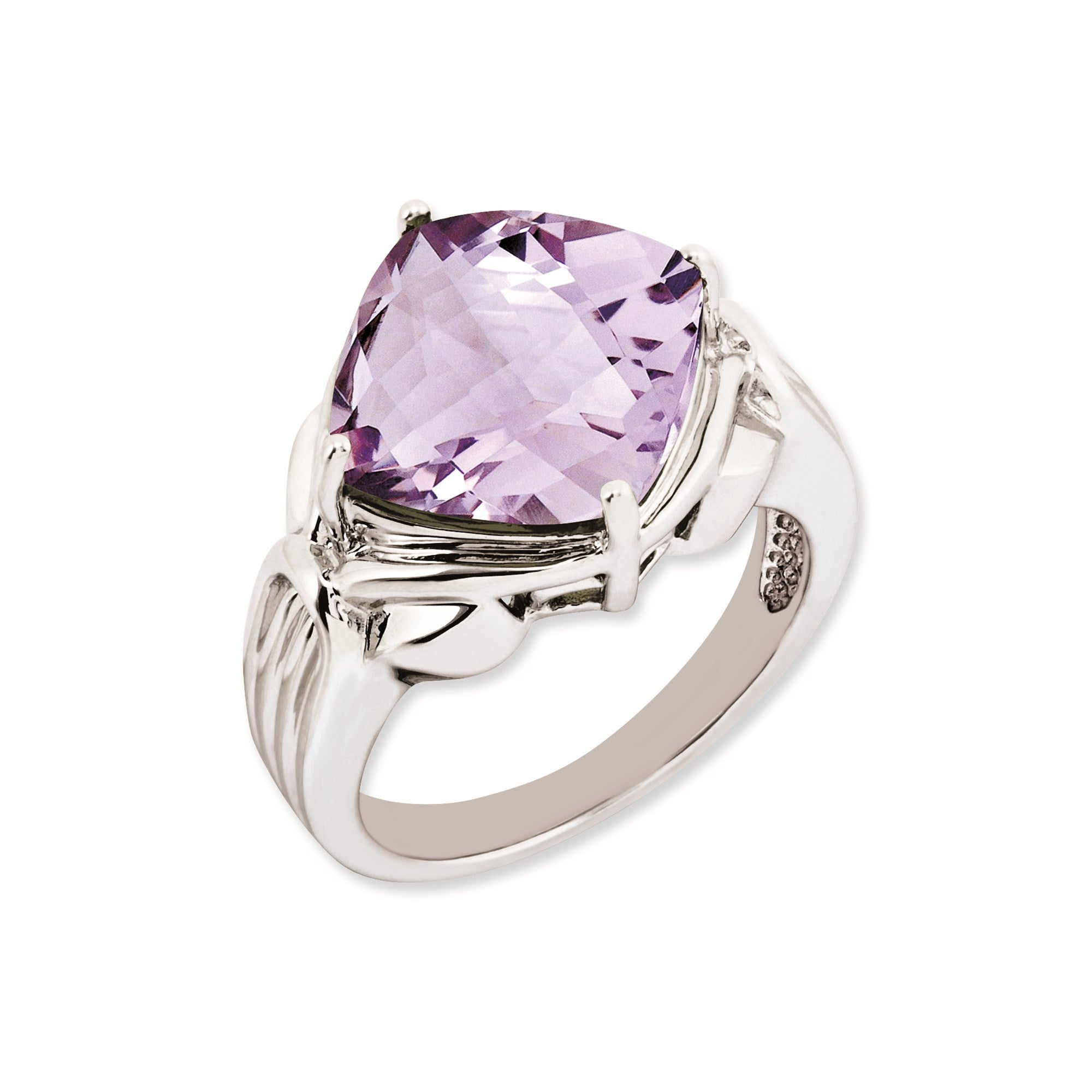 Sterling Silver 14K White Gold Plated Checker-Cut Pink Quartz Gemstone Birthstone Ring Fine Jewelry Gift for Her