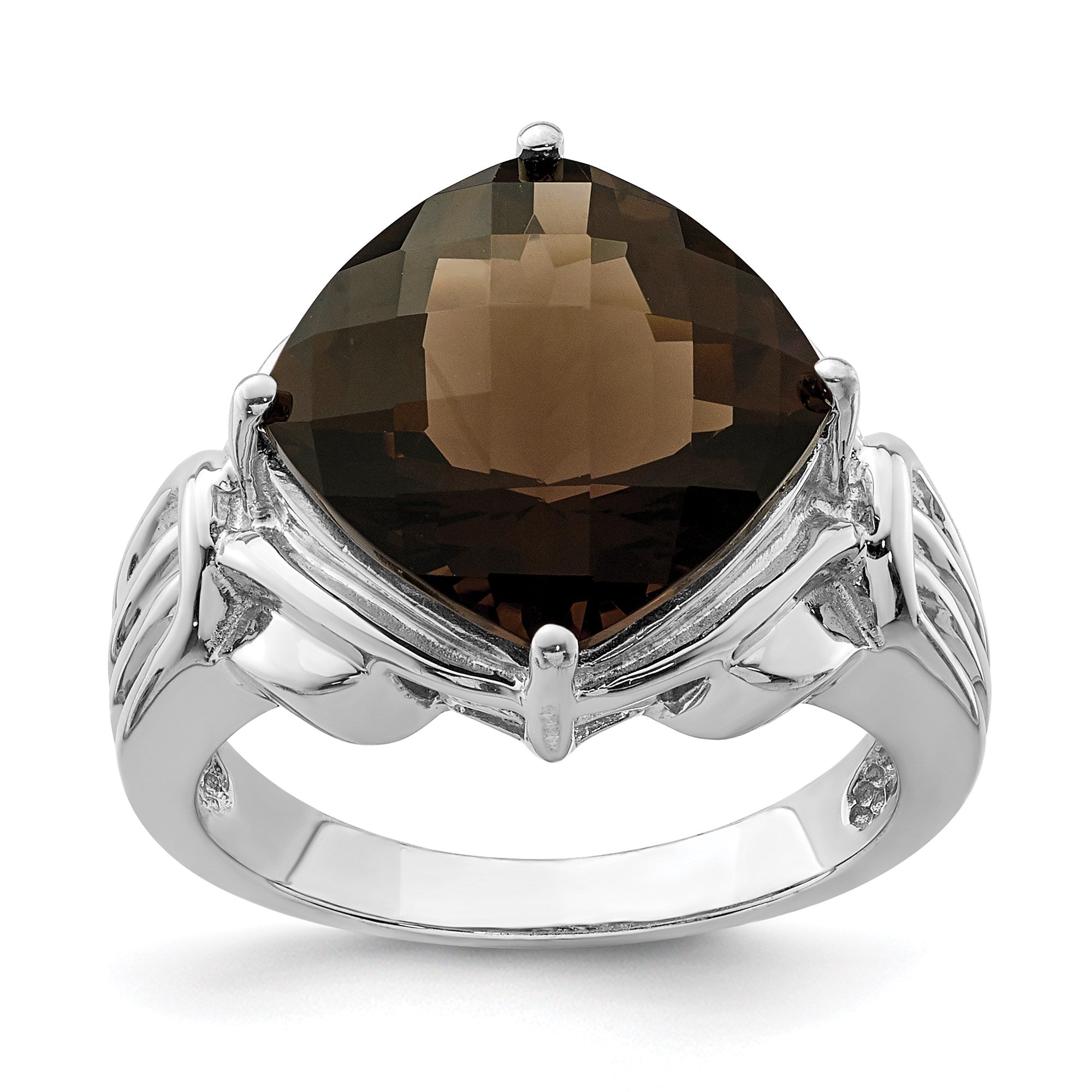 Sterling Silver Rhodium Checker-Cut Smoky Quartz Gemstone Birthstone Ring Fine Jewelry Gift for Her