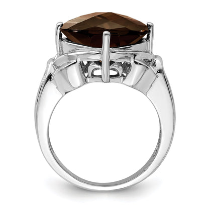 Sterling Silver Rhodium Checker-Cut Smoky Quartz Gemstone Birthstone Ring Fine Jewelry Gift for Her