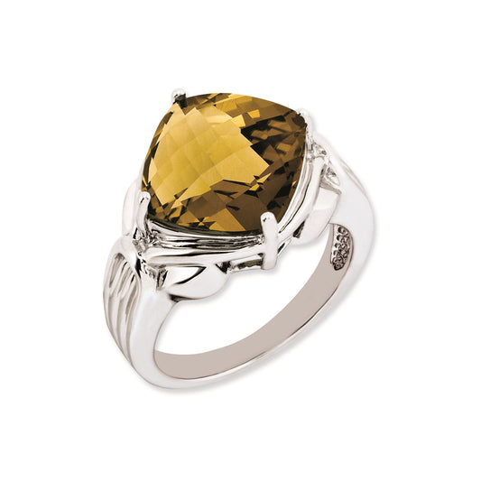 Sterling Silver 14K White Gold Plated Checker-Cut Whiskey Quartz Gemstone Birthstone Ring Fine Jewelry Gift for Her