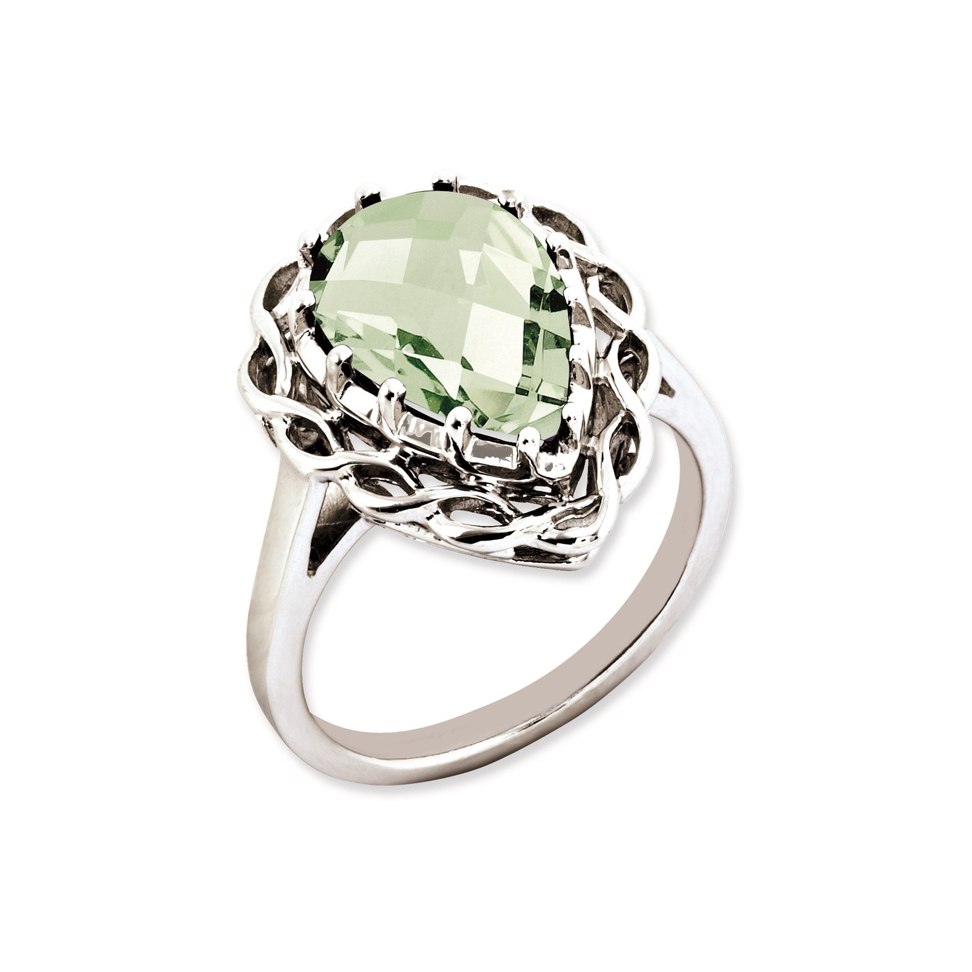 Sterling Silver 14K White Gold Plated Checker-Cut Green Quartz Gemstone Birthstone Ring Fine Jewelry Gift for Her