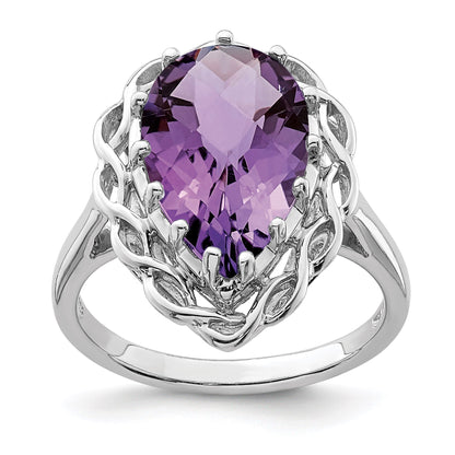 Sterling Silver 14K White Gold Plated Checker-Cut Amethyst Gemstone Birthstone Ring Fine Jewelry Gift for Her