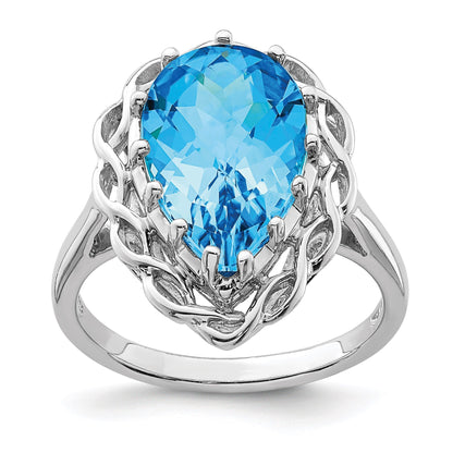 Sterling Silver Rhodium Checker-Cut Blue Topaz Gemstone Birthstone Ring Fine Jewelry Gift for Her