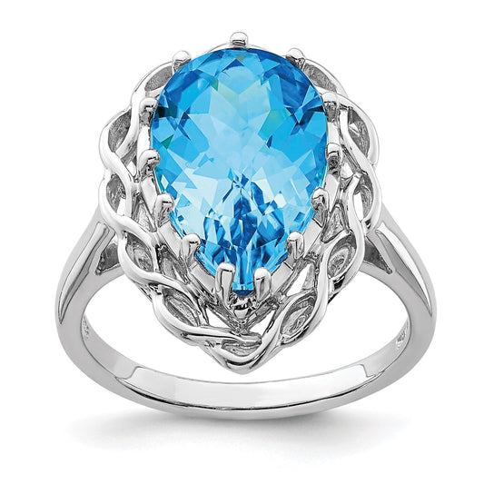 Sterling Silver Rhodium Checker-Cut Blue Topaz Gemstone Birthstone Ring Fine Jewelry Gift for Her