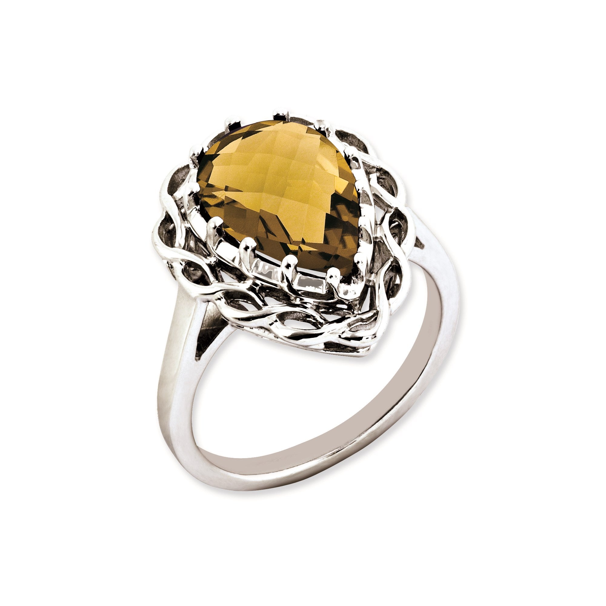 Sterling Silver 14K White Gold Plated Checker-Cut Whiskey Quartz Gemstone Birthstone Ring Fine Jewelry Gift for Her