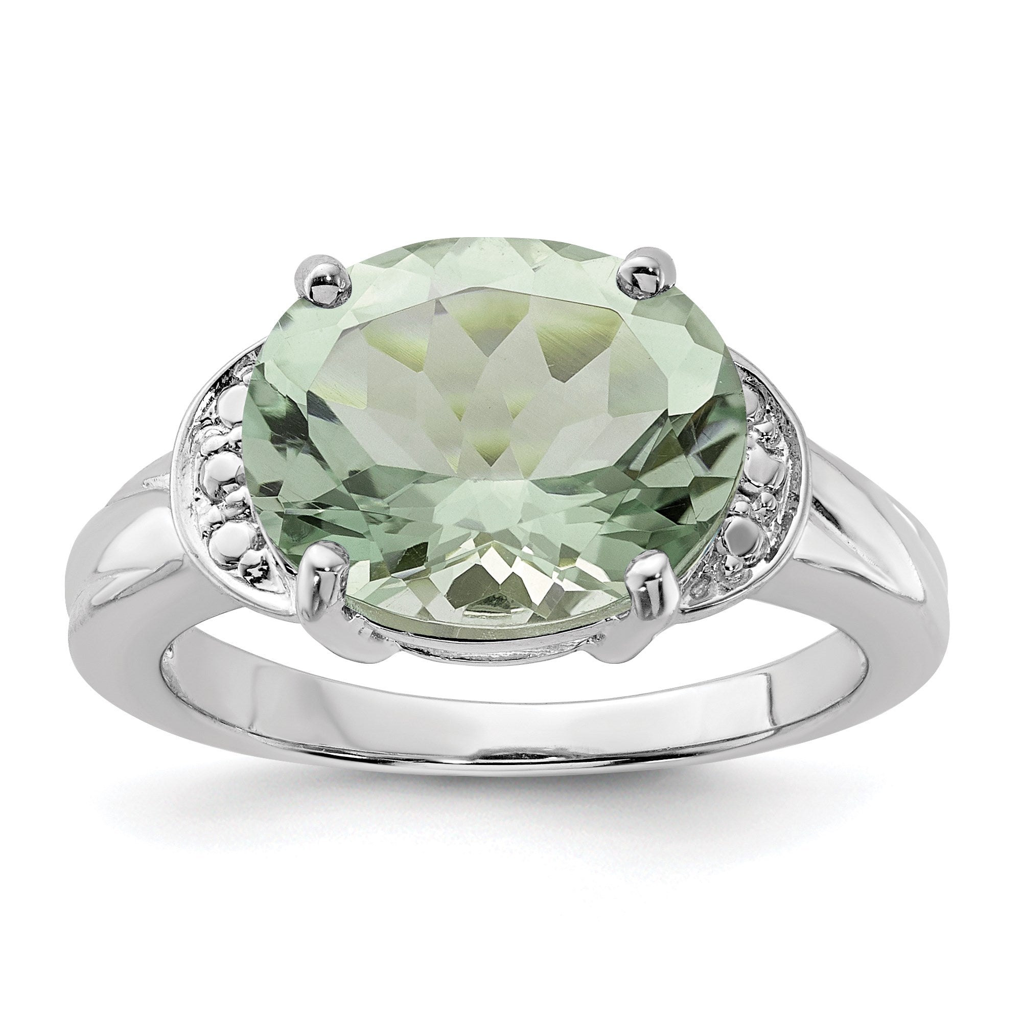Sterling Silver Rhodium Oval Green Quartz Gemstone Birthstone Ring Fine Jewelry Gift for Her