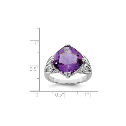 Sterling Silver 14K White Gold Plated Checker-Cut Amethyst Gemstone Birthstone Ring Fine Jewelry Gift for Her