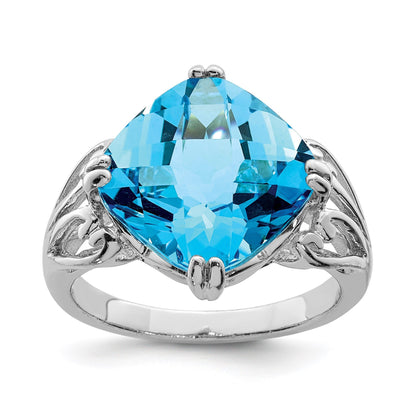 Sterling Silver Rhodium Checker-Cut Blue Topaz Gemstone Birthstone Ring Fine Jewelry Gift for Her