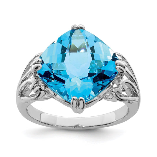 Sterling Silver Rhodium Checker-Cut Blue Topaz Gemstone Birthstone Ring Fine Jewelry Gift for Her