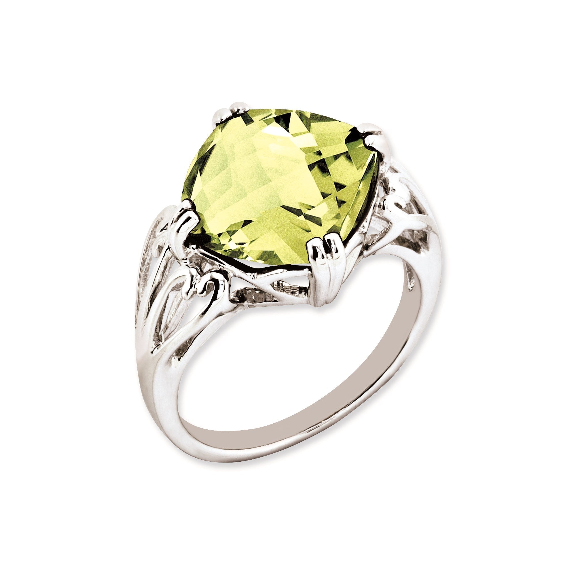 Sterling Silver 14K White Gold Plated Checker-Cut Lemon Quartz Gemstone Birthstone Ring Fine Jewelry Gift for Her