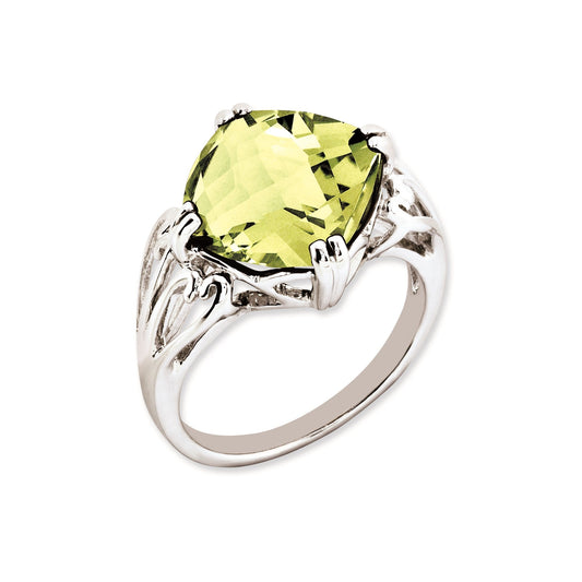 Sterling Silver 14K White Gold Plated Checker-Cut Lemon Quartz Gemstone Birthstone Ring Fine Jewelry Gift for Her