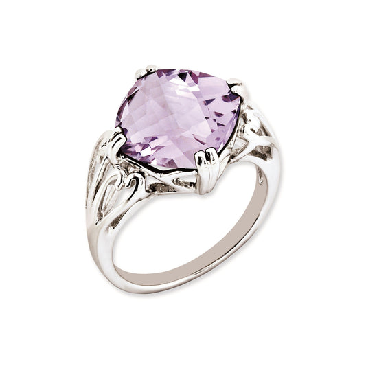 Sterling Silver 14K White Gold Plated Checker-Cut Pink Quartz Gemstone Birthstone Ring Fine Jewelry Gift for Her