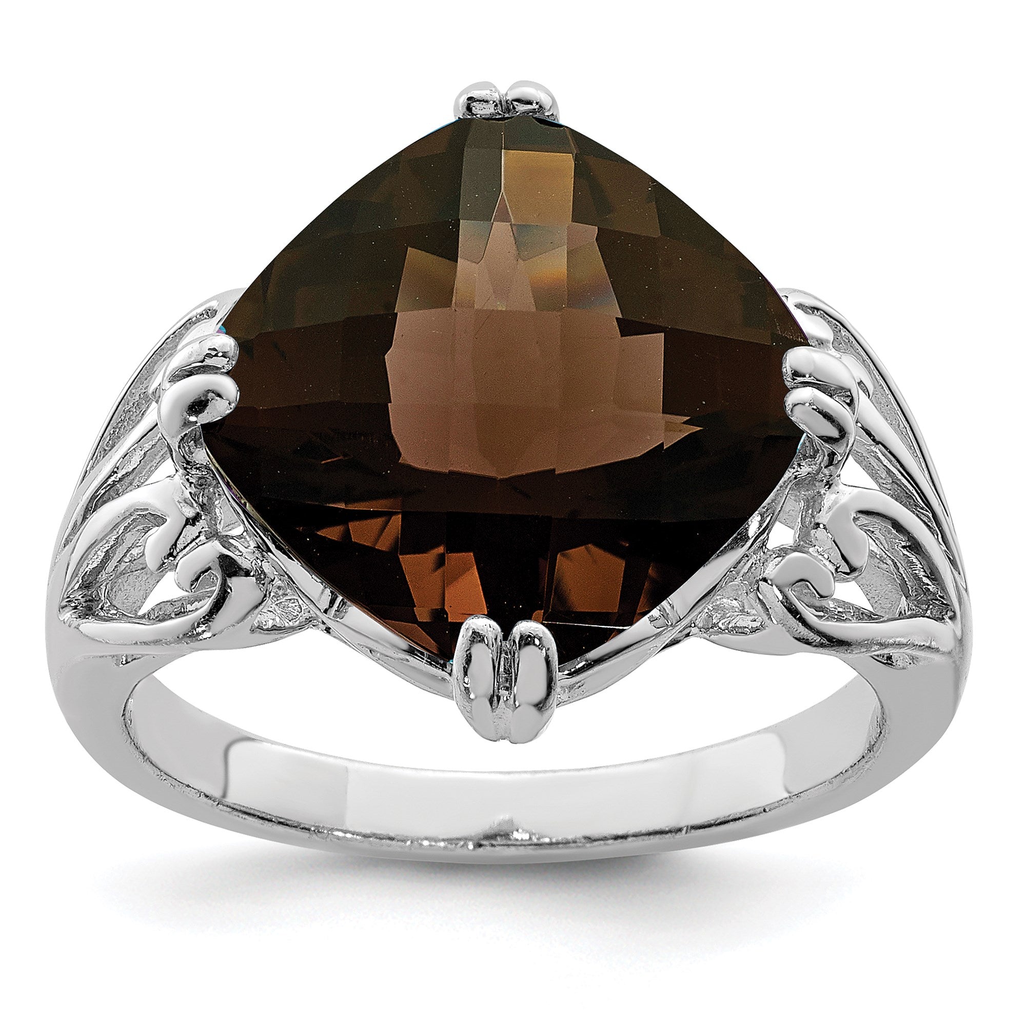 Sterling Silver Rhodium Checker-Cut Smoky Quartz Gemstone Birthstone Ring Fine Jewelry Gift for Her
