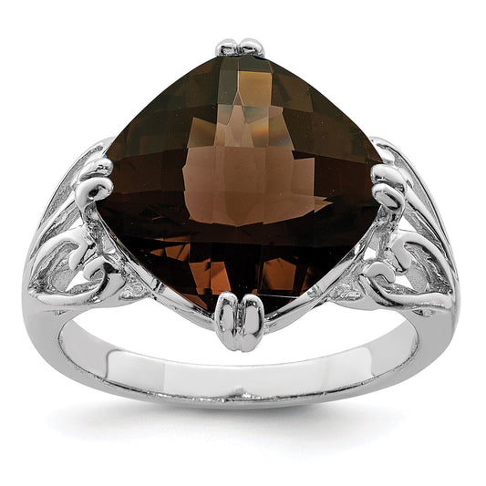Sterling Silver Rhodium Checker-Cut Smoky Quartz Gemstone Birthstone Ring Fine Jewelry Gift for Her