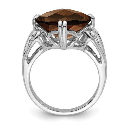 Sterling Silver Rhodium Checker-Cut Smoky Quartz Gemstone Birthstone Ring Fine Jewelry Gift for Her