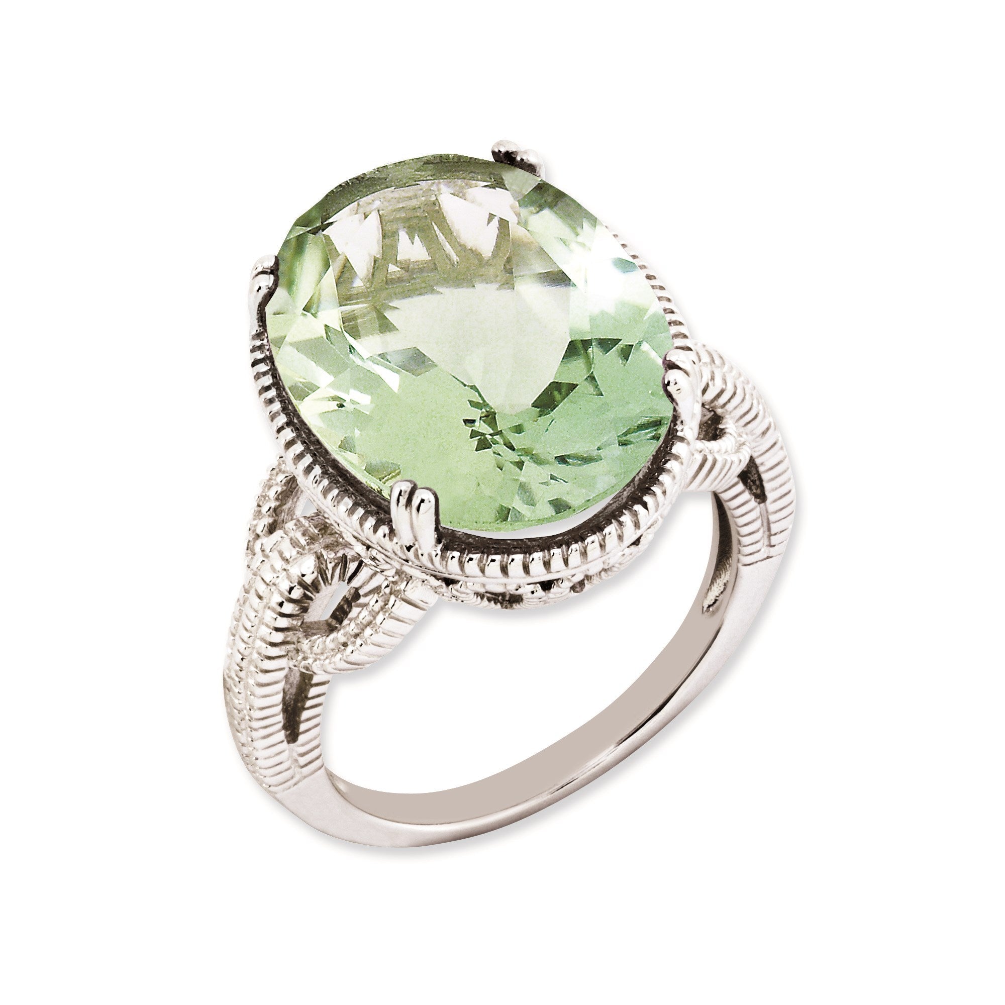 Sterling Silver 14K White Gold Plated Oval Green Quartz Gemstone Birthstone Ring Fine Jewelry Gift for Her
