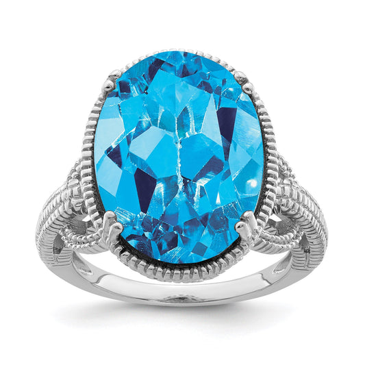 Sterling Silver Rhodium Oval Blue Topaz Gemstone Birthstone Ring Fine Jewelry Gift for Her