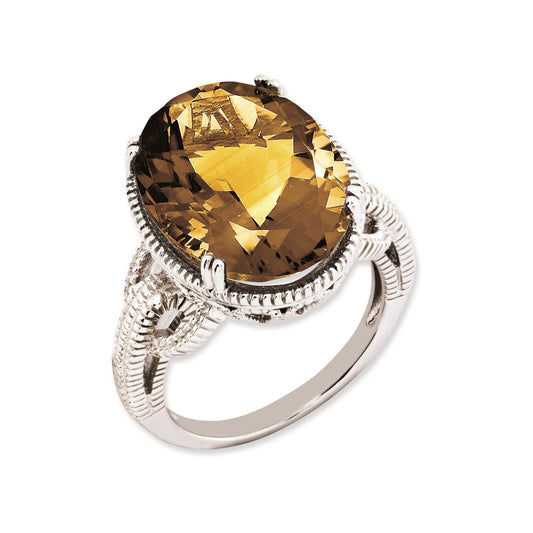 Sterling Silver 14K White Gold Plated Oval Whiskey Quartz Gemstone Birthstone Ring Fine Jewelry Gift for Her