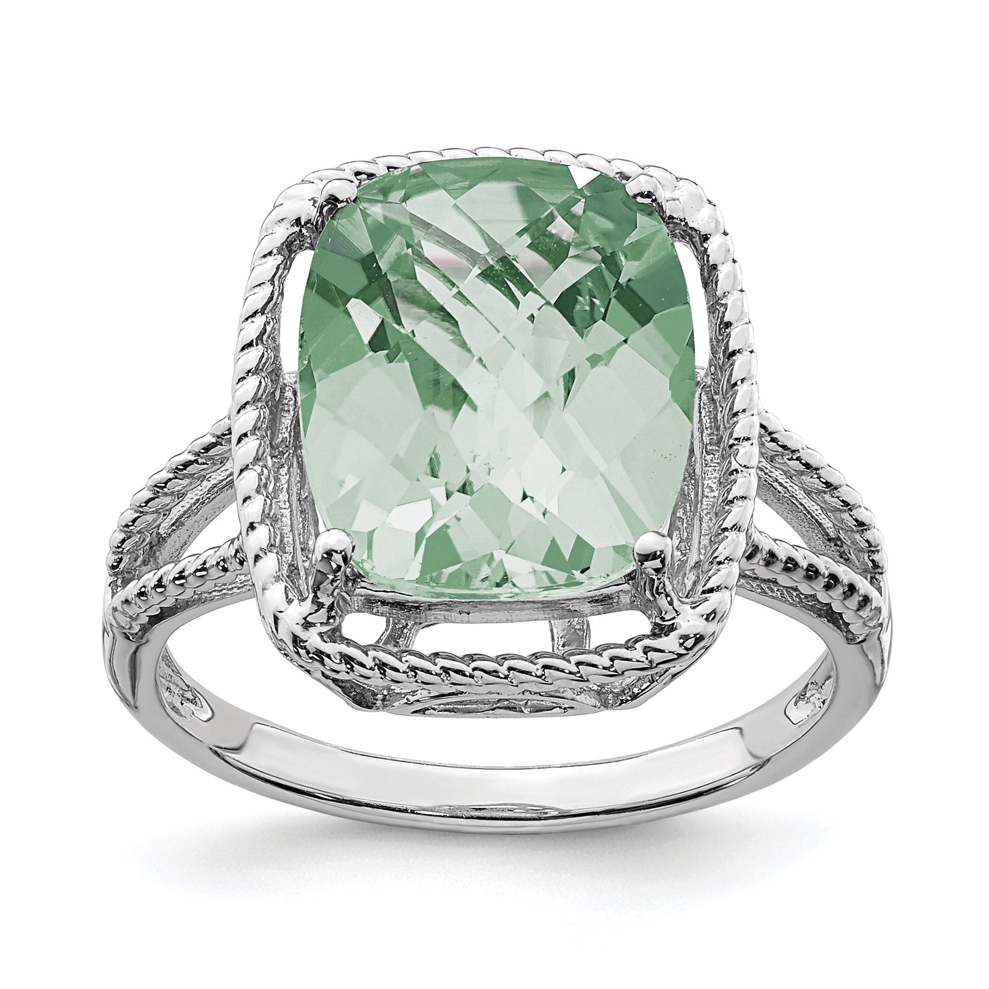 Sterling Silver Rhodium Checker-Cut Green Quartz Gemstone Birthstone Ring Fine Jewelry Gift for Her