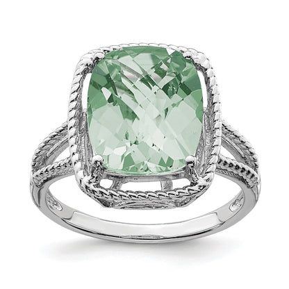 Sterling Silver Rhodium Checker-Cut Green Quartz Gemstone Birthstone Ring Fine Jewelry Gift for Her