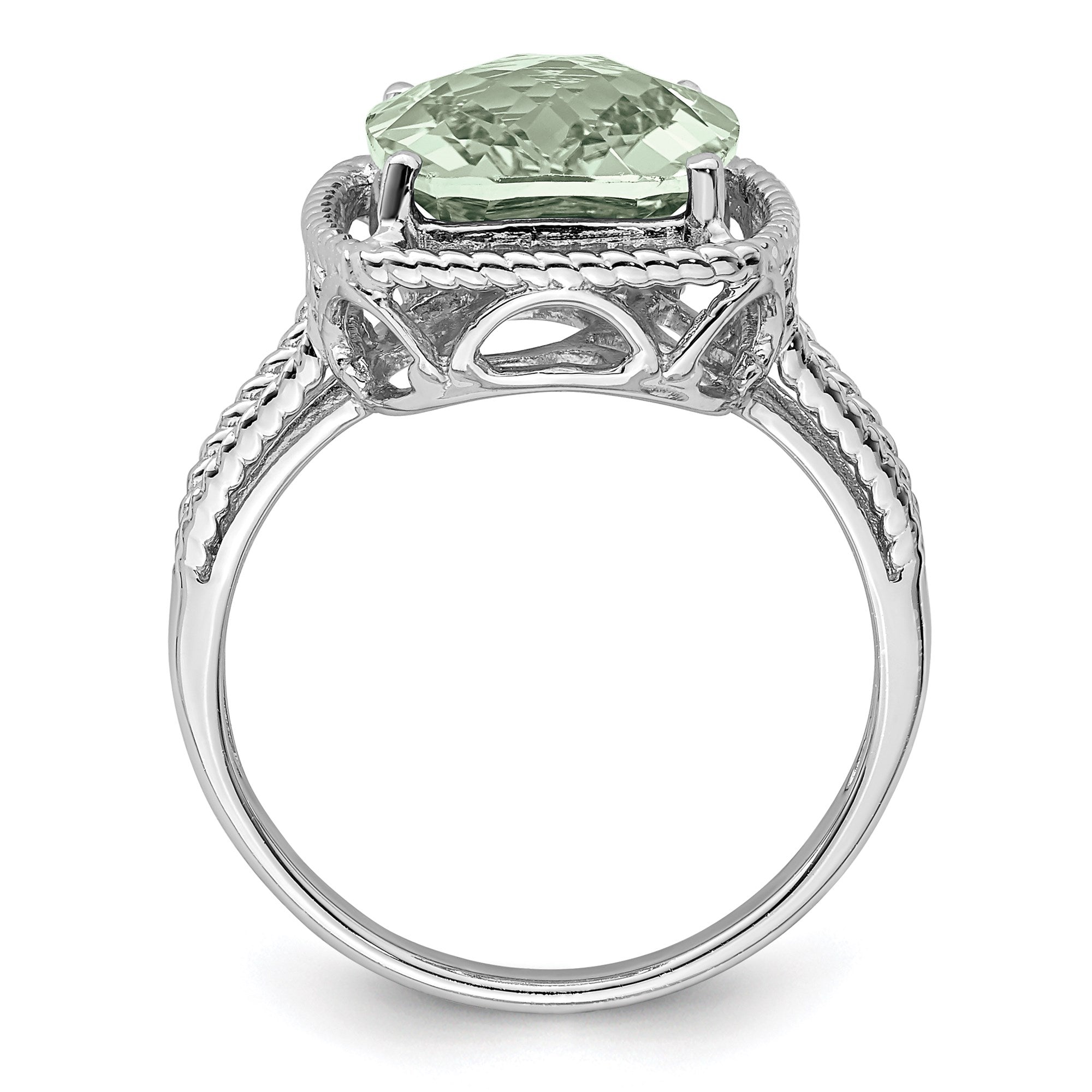 Sterling Silver Rhodium Checker-Cut Green Quartz Gemstone Birthstone Ring Fine Jewelry Gift for Her