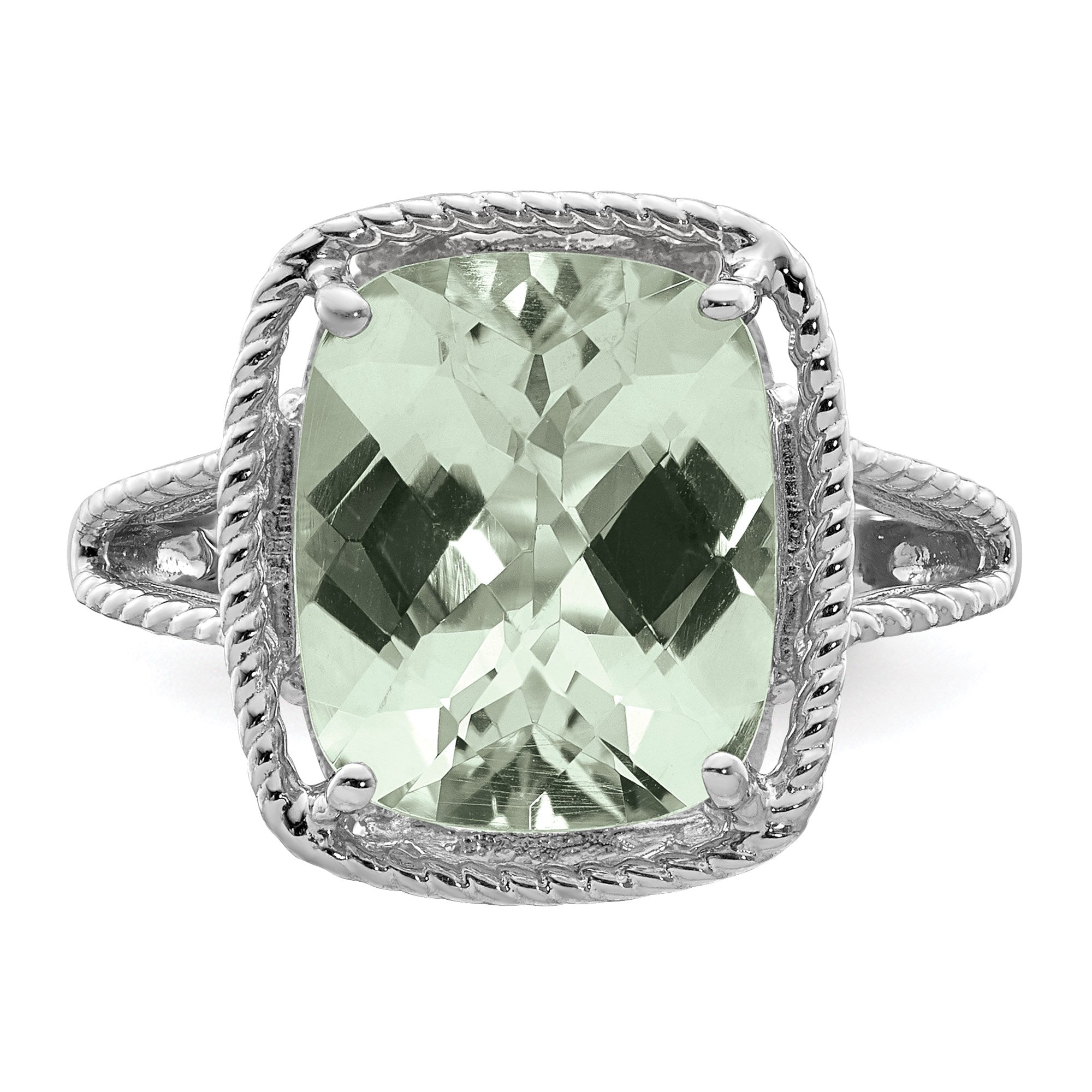 Sterling Silver Rhodium Checker-Cut Green Quartz Gemstone Birthstone Ring Fine Jewelry Gift for Her