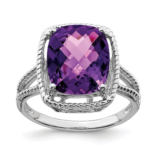 Sterling Silver 14K White Gold Plated Checker-Cut Amethyst Gemstone Birthstone Ring Fine Jewelry Gift for Her