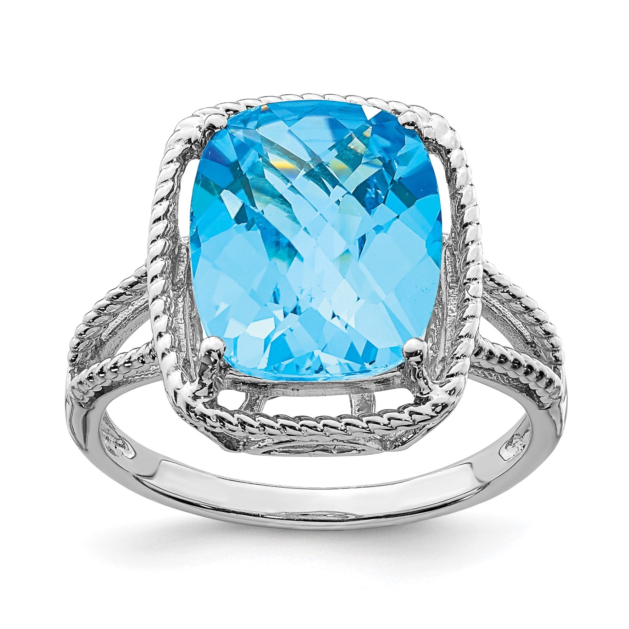 Sterling Silver Rhodium Checker-Cut Blue Topaz Gemstone Birthstone Ring Fine Jewelry Gift for Her