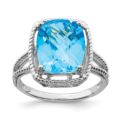 Sterling Silver Rhodium Checker-Cut Blue Topaz Gemstone Birthstone Ring Fine Jewelry Gift for Her