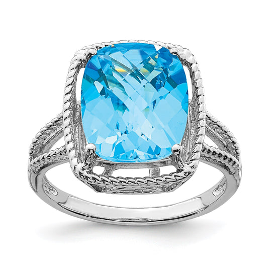 Sterling Silver Rhodium Checker-Cut Blue Topaz Gemstone Birthstone Ring Fine Jewelry Gift for Her