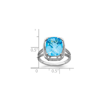 Sterling Silver Rhodium Checker-Cut Blue Topaz Gemstone Birthstone Ring Fine Jewelry Gift for Her