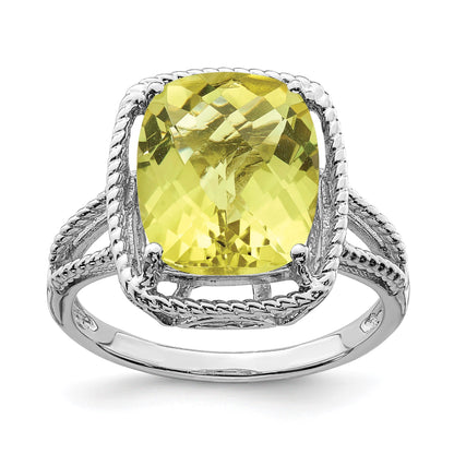 Sterling Silver Rhodium Checker-Cut Lemon Quartz Gemstone Birthstone Ring Fine Jewelry Gift for Her