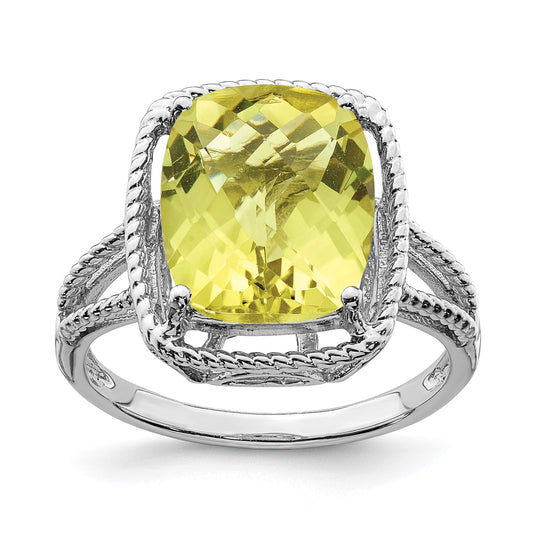 Sterling Silver Rhodium Checker-Cut Lemon Quartz Gemstone Birthstone Ring Fine Jewelry Gift for Her