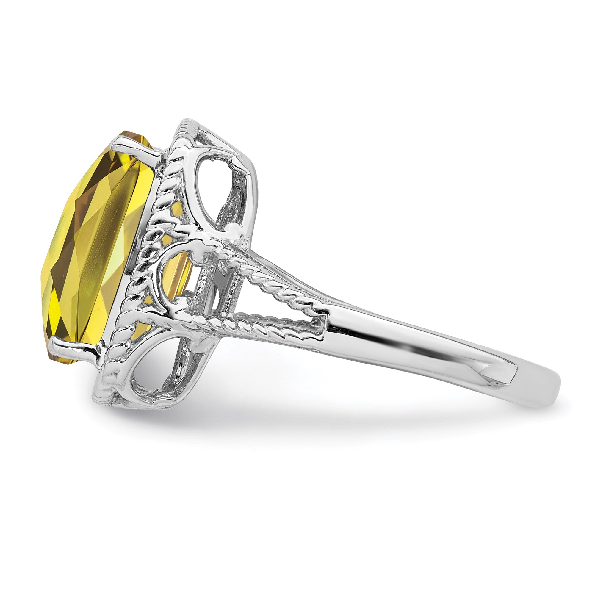 Sterling Silver Rhodium Checker-Cut Lemon Quartz Gemstone Birthstone Ring Fine Jewelry Gift for Her
