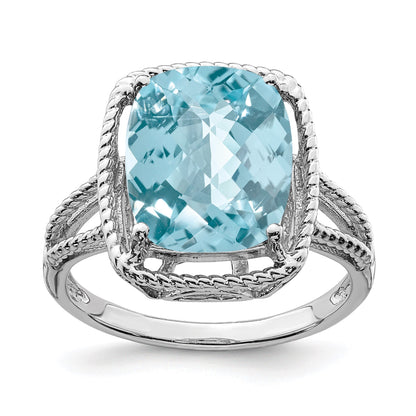 Sterling Silver Rhodium Checker-Cut Sky Blue Topaz Gemstone Birthstone Ring Fine Jewelry Gift for Her