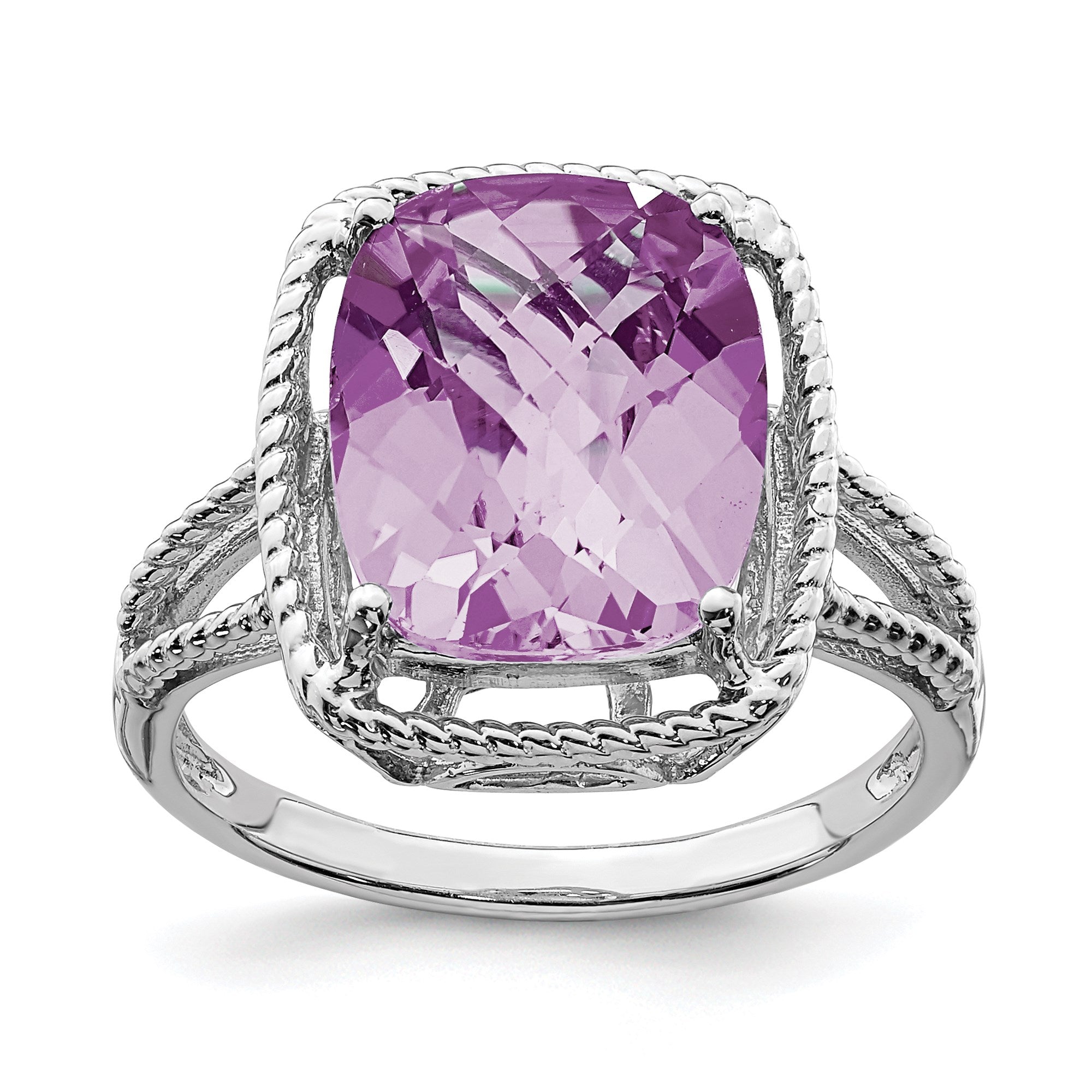 Sterling Silver Rhodium Checker-Cut Pink Quartz Gemstone Birthstone Ring Fine Jewelry Gift for Her