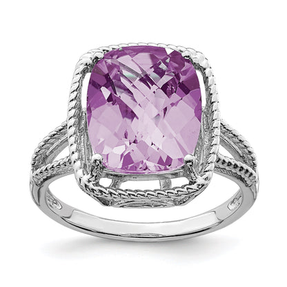 Sterling Silver Rhodium Checker-Cut Pink Quartz Gemstone Birthstone Ring Fine Jewelry Gift for Her