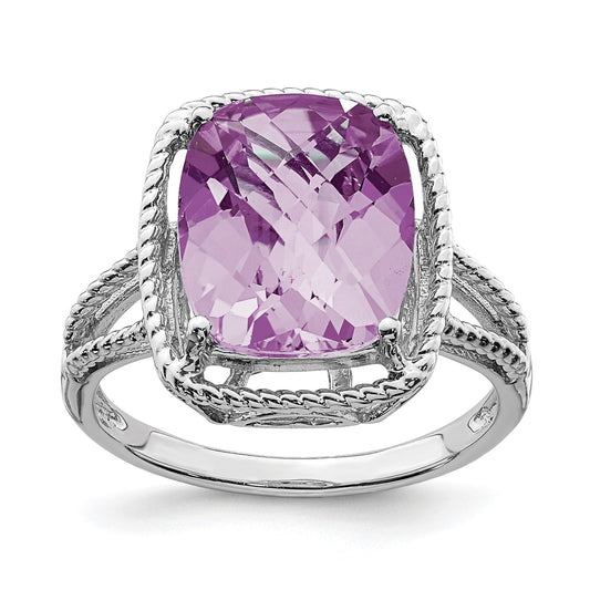Sterling Silver Rhodium Checker-Cut Pink Quartz Gemstone Birthstone Ring Fine Jewelry Gift for Her