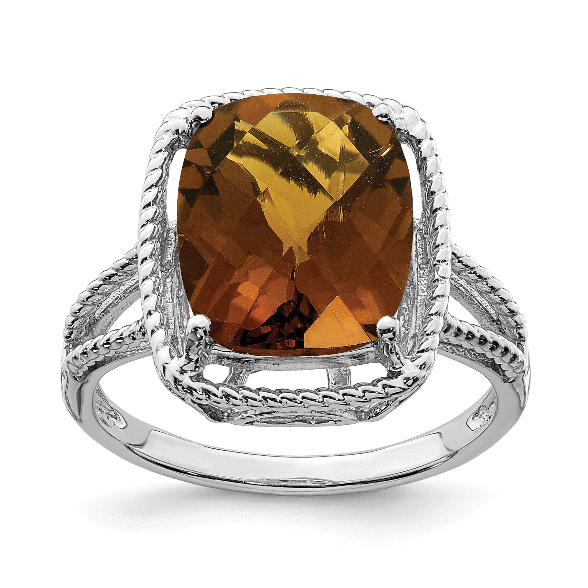 Sterling Silver Rhodium Checker-Cut Whiskey Quartz Gemstone Birthstone Ring Fine Jewelry Gift for Her