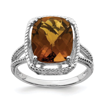 Sterling Silver Rhodium Checker-Cut Whiskey Quartz Gemstone Birthstone Ring Fine Jewelry Gift for Her