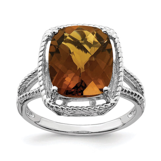 Sterling Silver Rhodium Checker-Cut Whiskey Quartz Gemstone Birthstone Ring Fine Jewelry Gift for Her