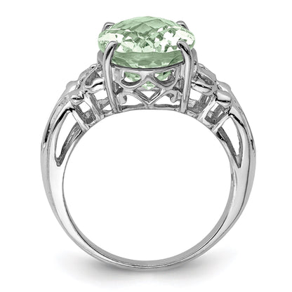 Sterling Silver Rhodium Oval Checker-Cut Green Quartz Gemstone Birthstone Ring Fine Jewelry Gift for Her