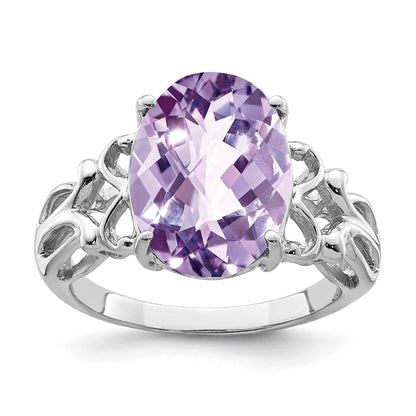 Sterling Silver Rhodium Oval Checker-Cut Pink Quartz Gemstone Birthstone Ring Fine Jewelry Gift for Her