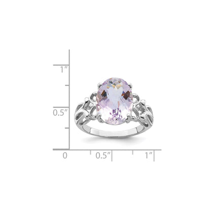 Sterling Silver Rhodium Oval Checker-Cut Pink Quartz Gemstone Birthstone Ring Fine Jewelry Gift for Her