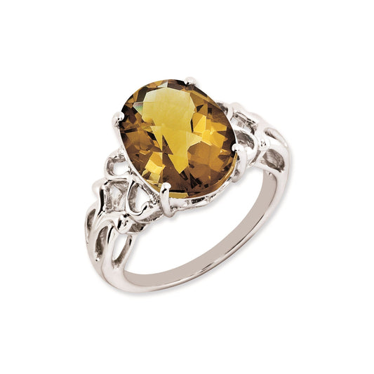Sterling Silver 14K White Gold Plated Oval Checker-Cut Whiskey Quartz Gemstone Birthstone Ring Fine Jewelry Gift for Her