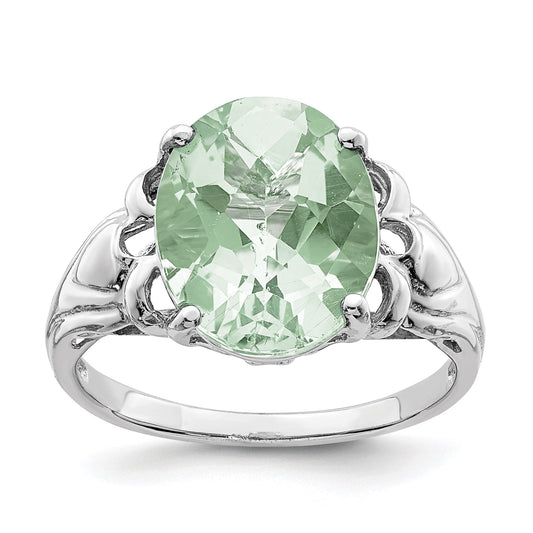 Sterling Silver Rhodium Oval Checker-Cut Green Quartz Gemstone Birthstone Ring Fine Jewelry Gift for Her