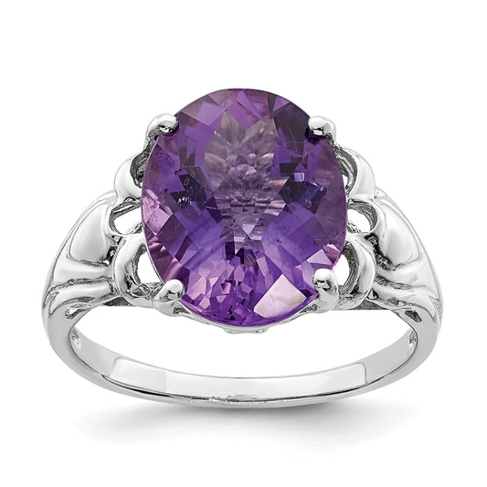 Sterling Silver 14K White Gold Plated Oval Checker-Cut Amethyst Gemstone Birthstone Ring Fine Jewelry Gift for Her