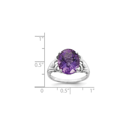 Sterling Silver 14K White Gold Plated Oval Checker-Cut Amethyst Gemstone Birthstone Ring Fine Jewelry Gift for Her